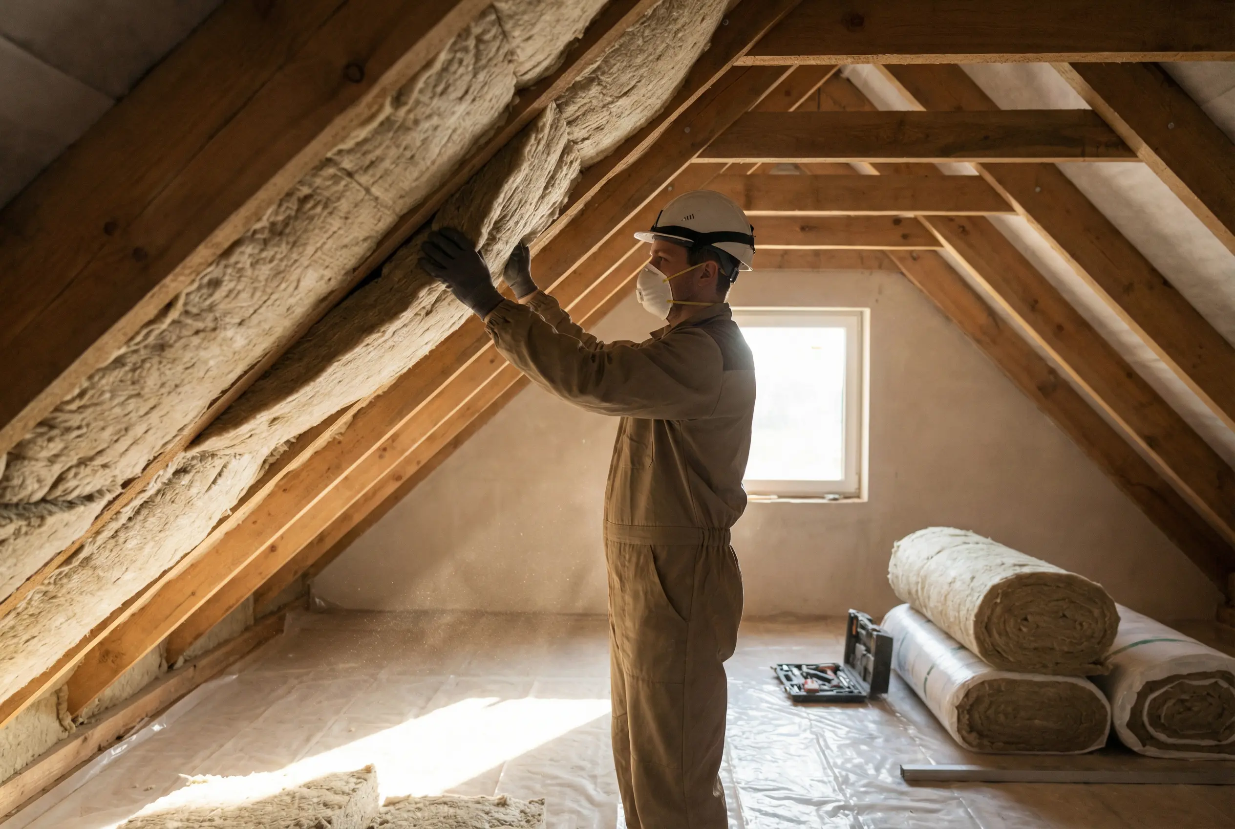 Profesionāla jumta izolācijas uzstādīšana — minerālvates ieklāšana starp spārēm Rīgas privātmājā